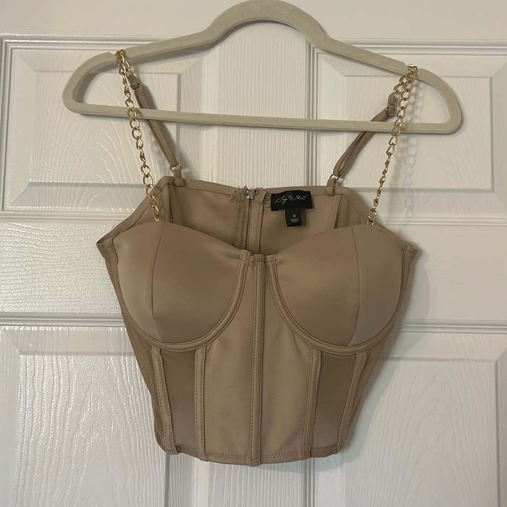 Say What Beige Bustier Top with Chain Straps